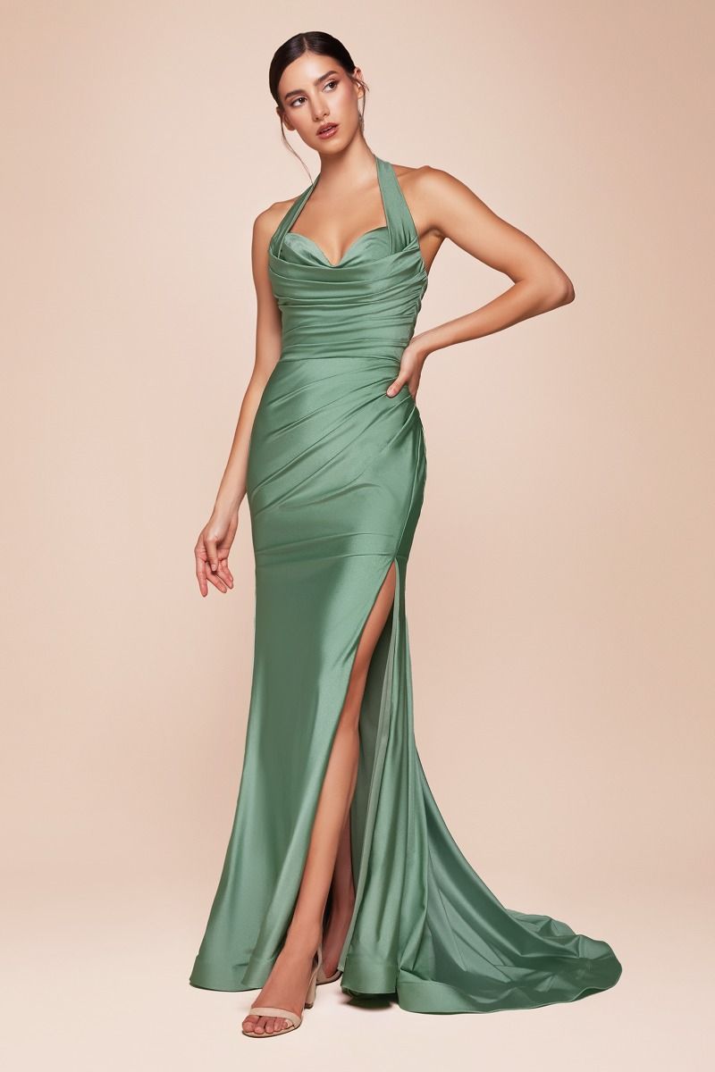 Ladivine CD796C Strapless Stretch Spandex Satin Halter Dress - NORMA REED