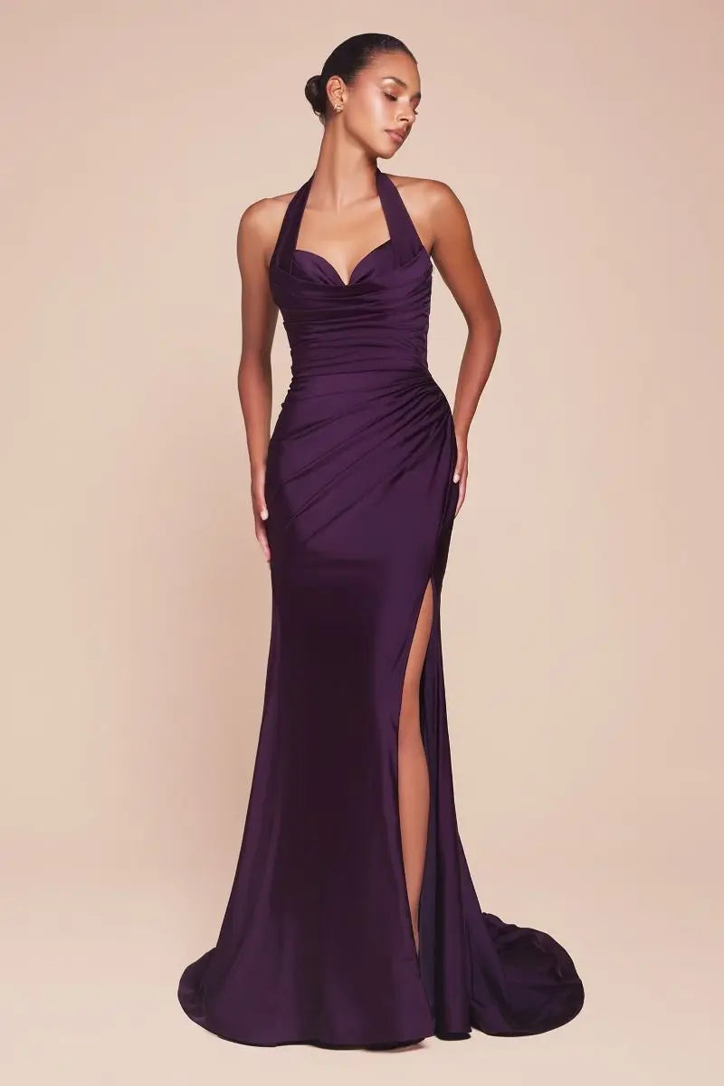 Ladivine CD796 Strapless Stretch Spandex Satin Halter Dress