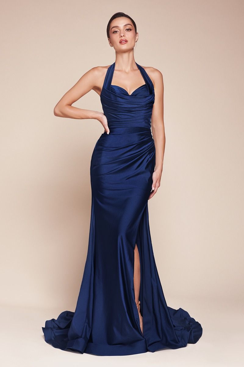 Ladivine CD796C Strapless Stretch Spandex Satin Halter Dress - NORMA REED