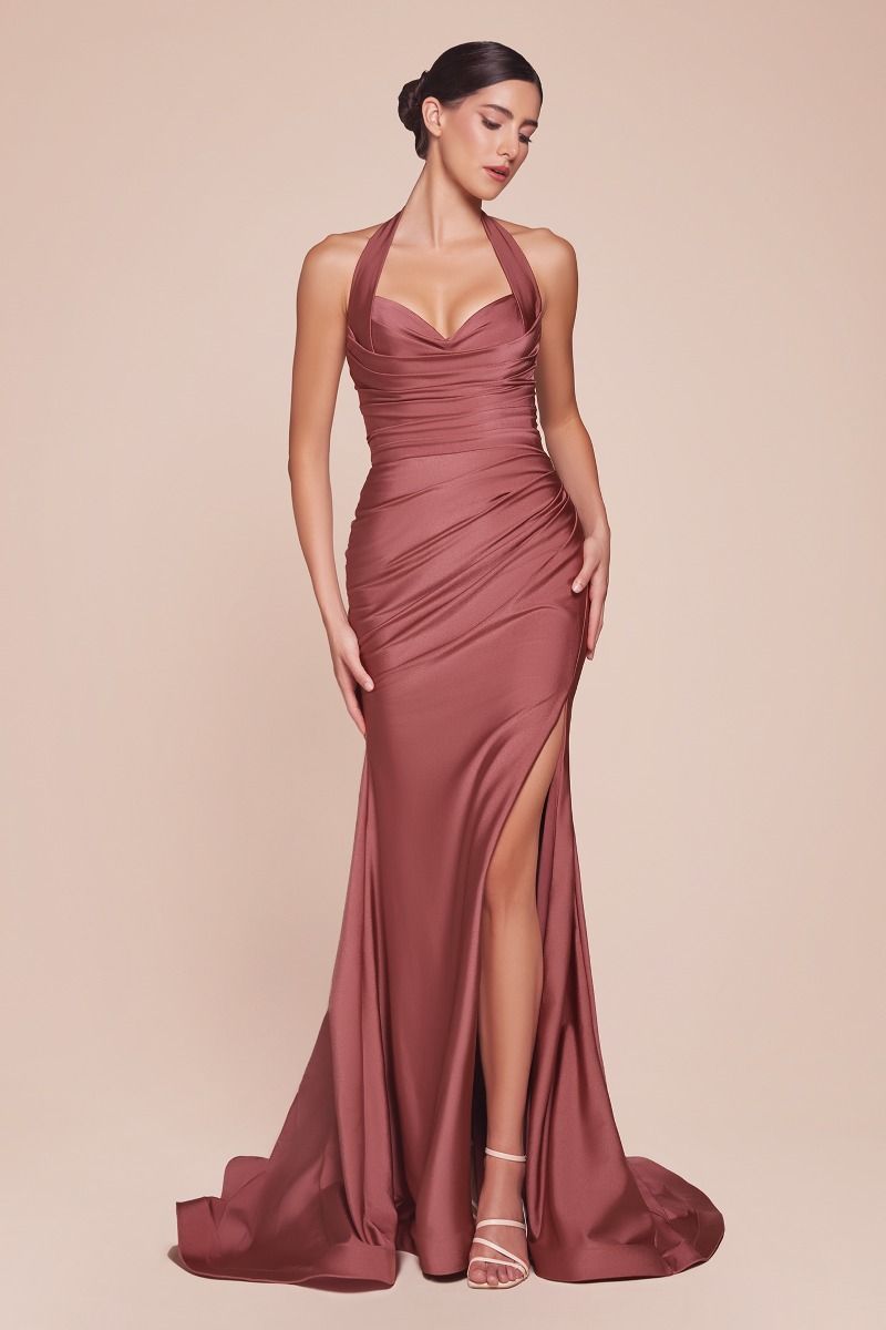 Ladivine CD796C Strapless Stretch Spandex Satin Halter Dress - NORMA REED