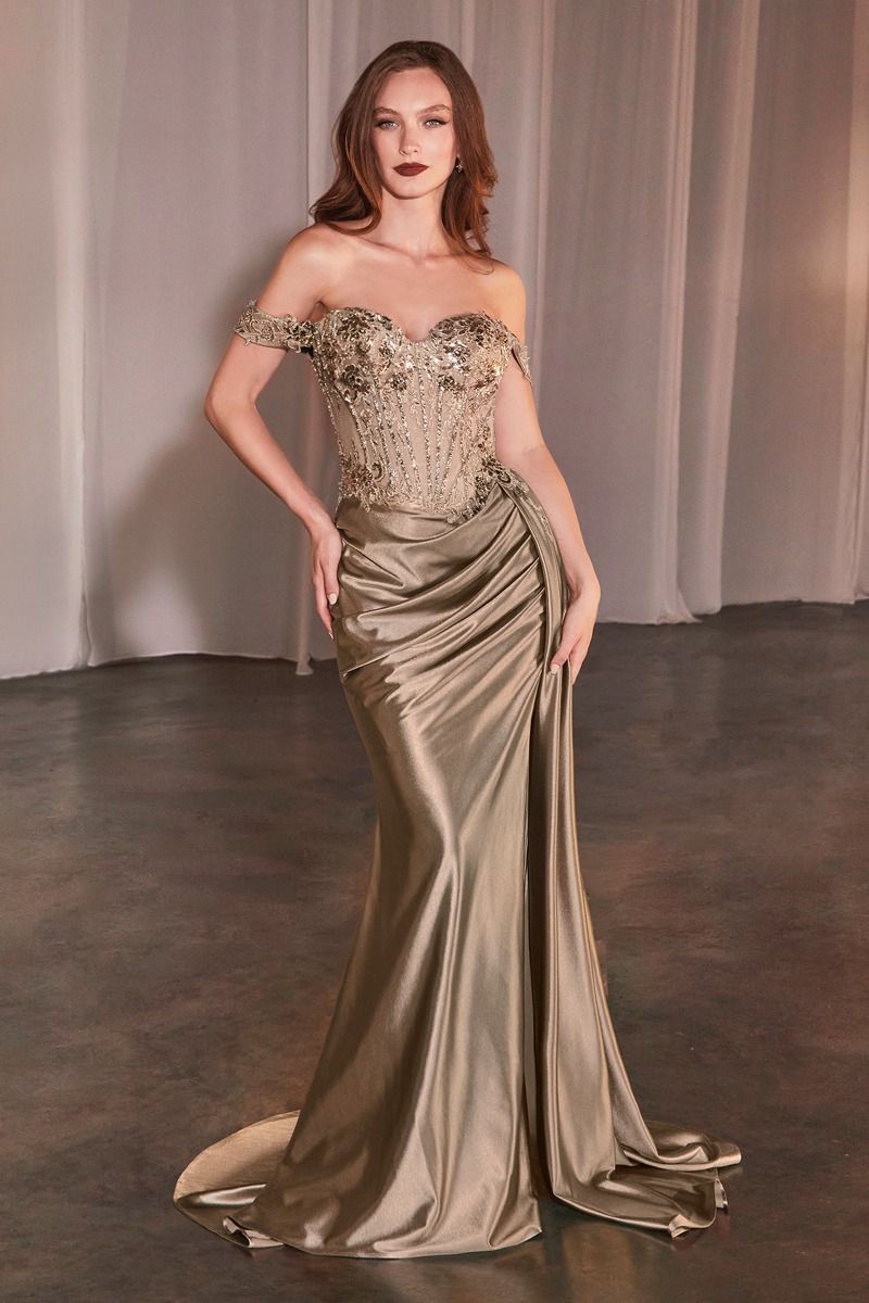 Ladivine CD803 Off the Shoulder Lace & Satin Fitted Gown