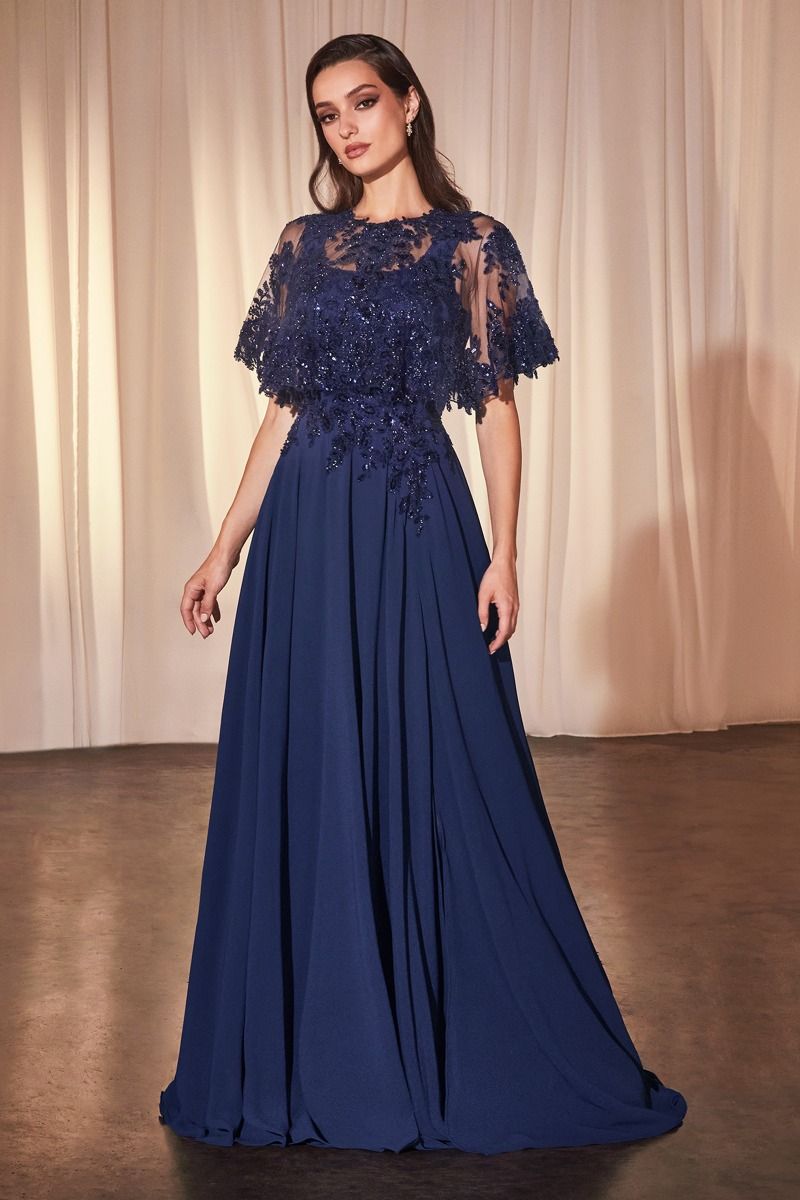 Ladivine CDS503 Chiffon A Line Beaded Lace Dress w/ Removable Cape - NORMA REED