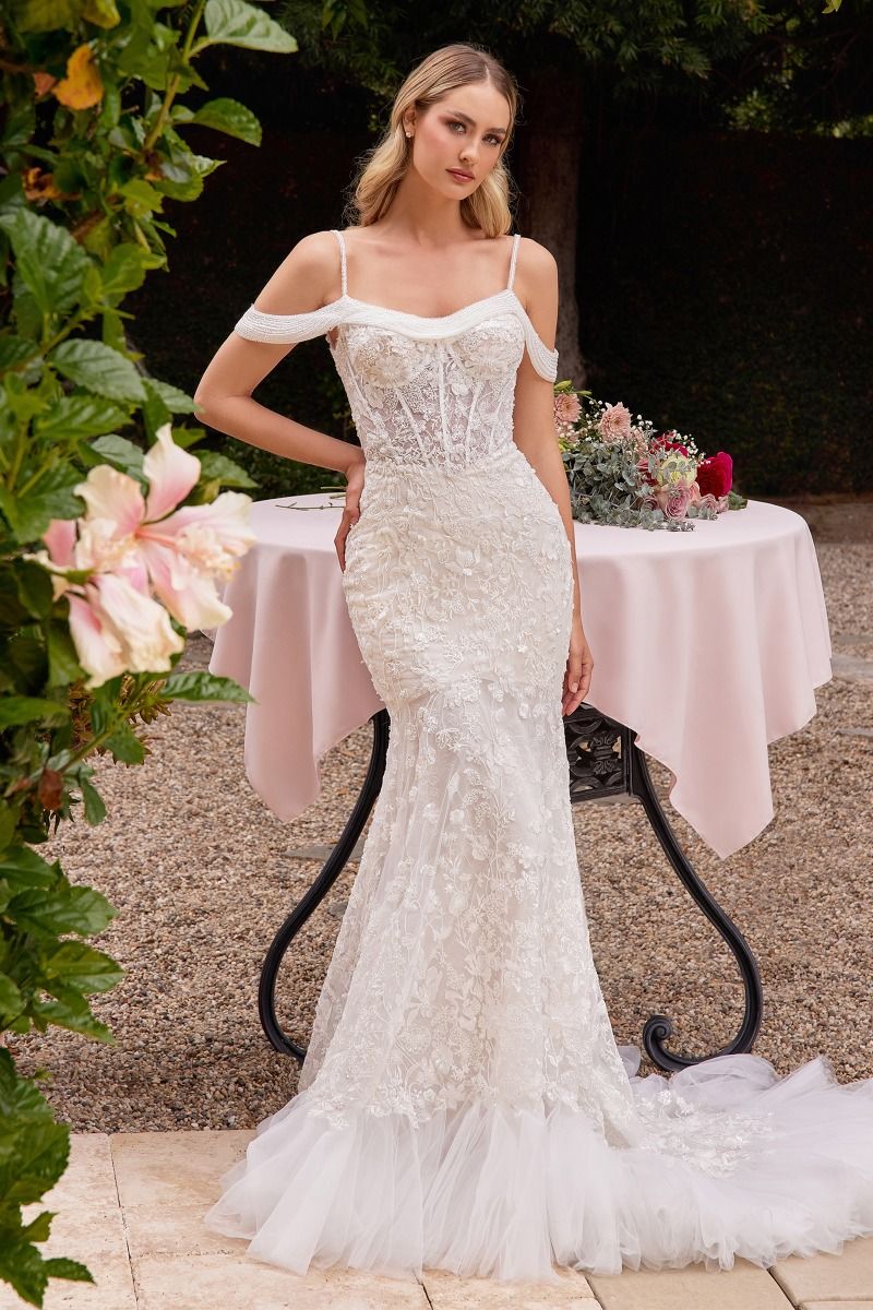 Ladivine CK703W Off The Shoulder Fitted Lace Bridal Gown