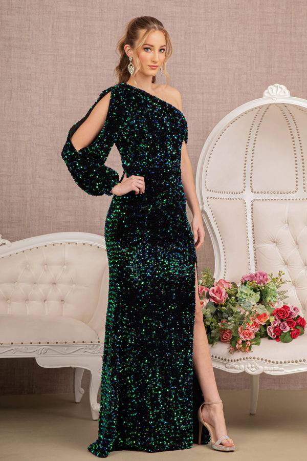 Elizabeth K GL3159 Glittering Velvet Mermaid Dress With Puff Sleeve - NORMA REED