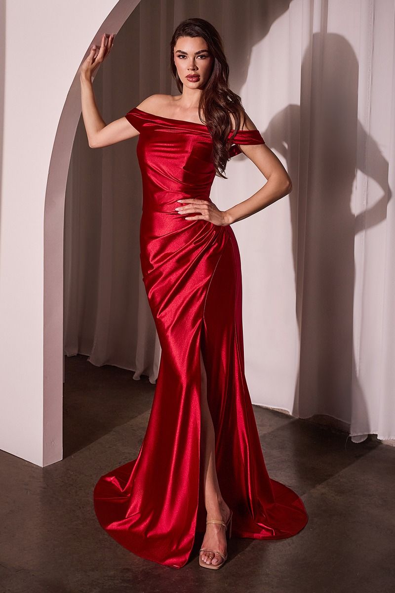 Ladivine J877 Glistening Satin Off the Shoulder Pleated Gown