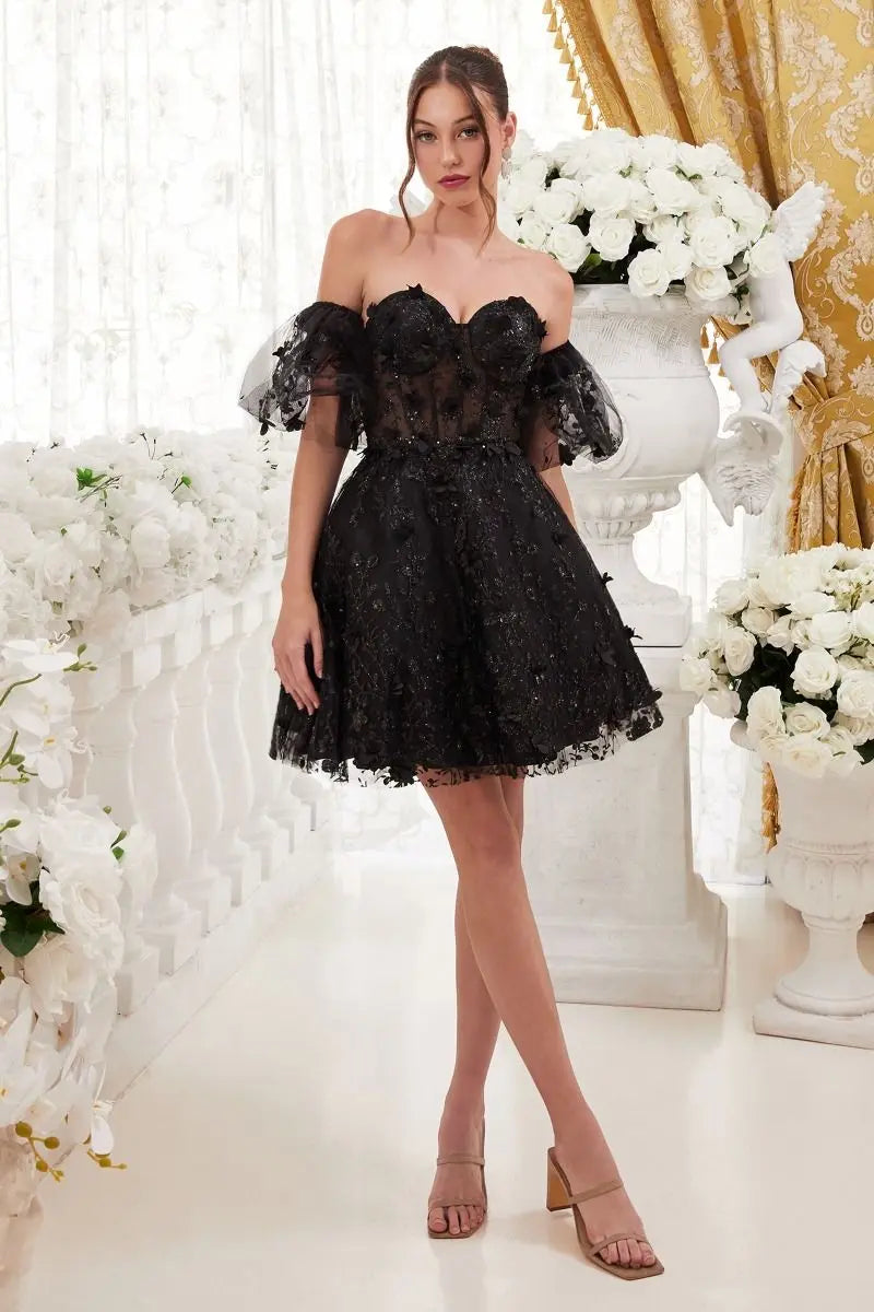 Cinderella Divine KV1089 Corset Style Short Dress with Poofy Sleeves & Sequin Embroidery