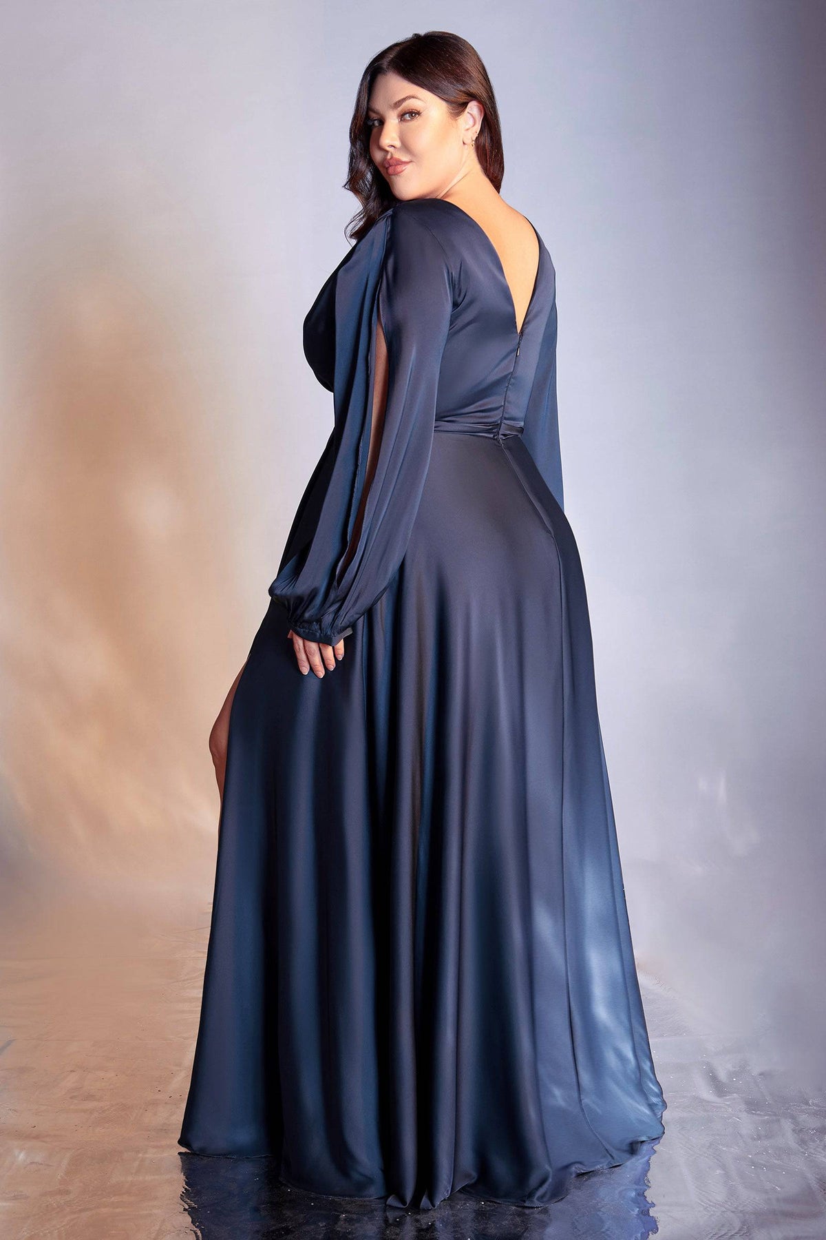 Gorgeous Plus-Size Long Gown with Slit Long Sleeves and Leg Slit #CD7475C - NORMA REED