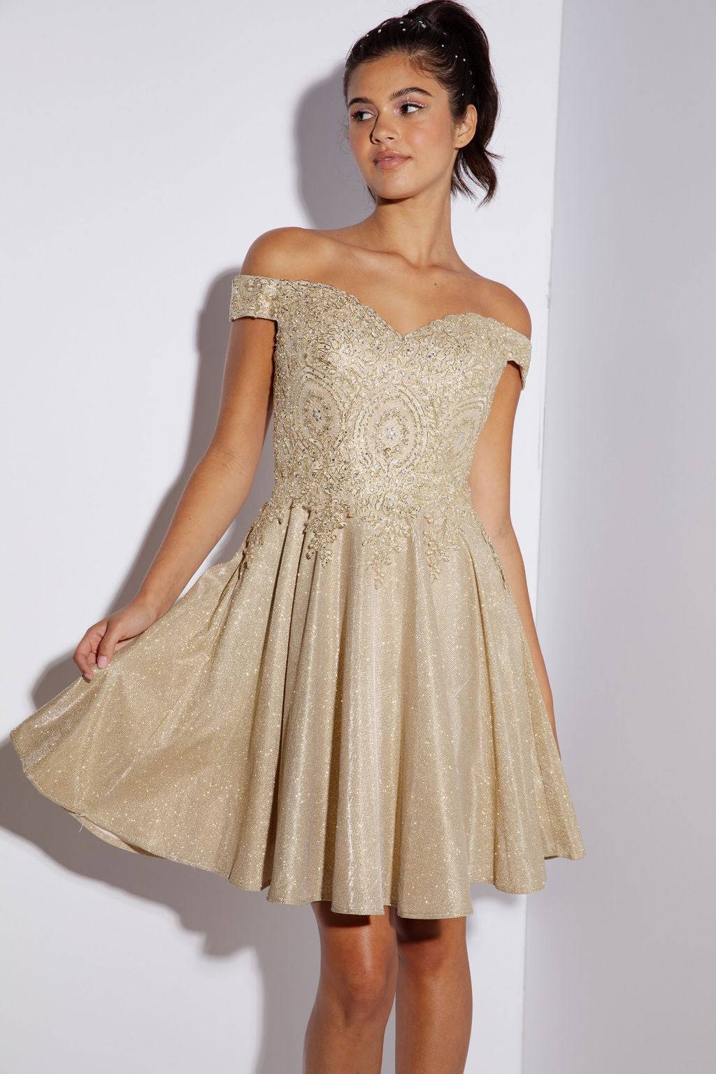 Eureka 9366 Lace & Sequin Shimmering Off Shoulder Short Dress - NORMA REED