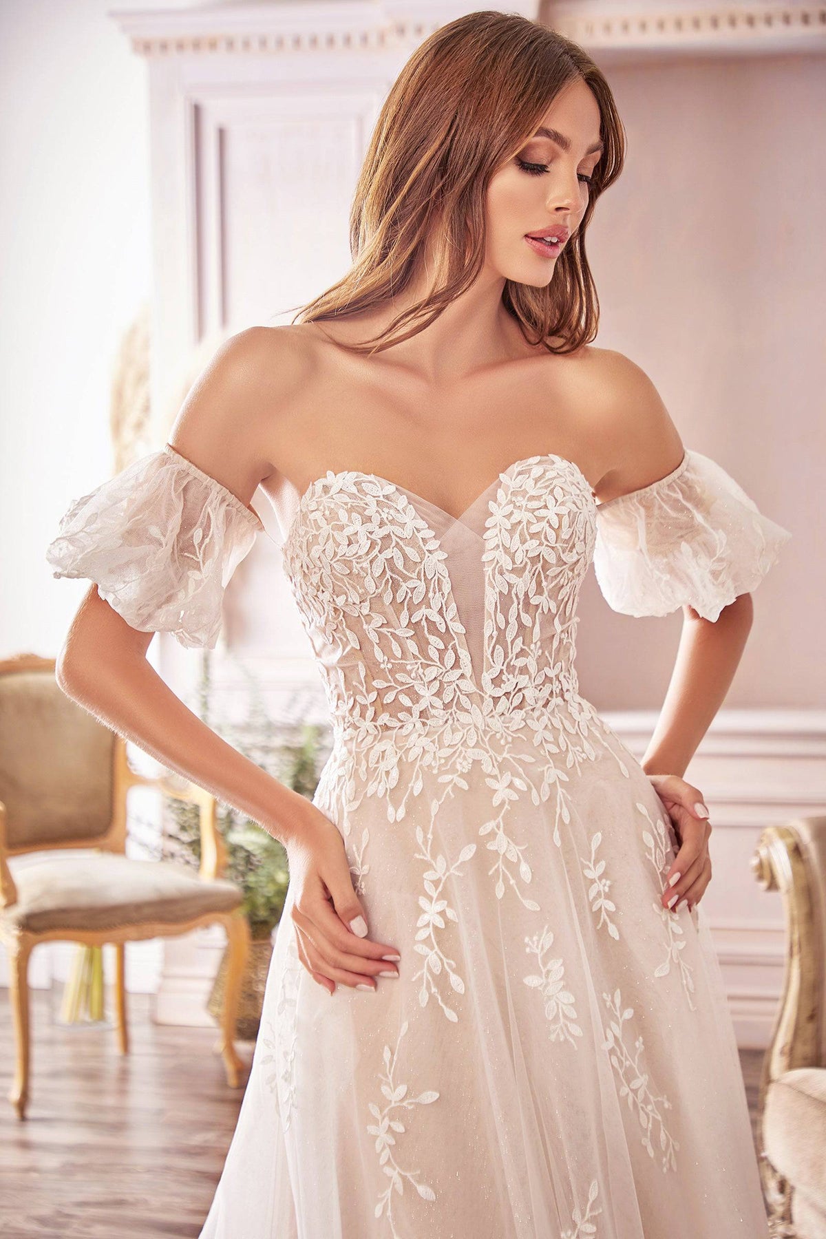 Luxe A1014 Off Shoulder Floral Lace Wedding Gown with Flowing Train - Norma Reed - NORMA REED