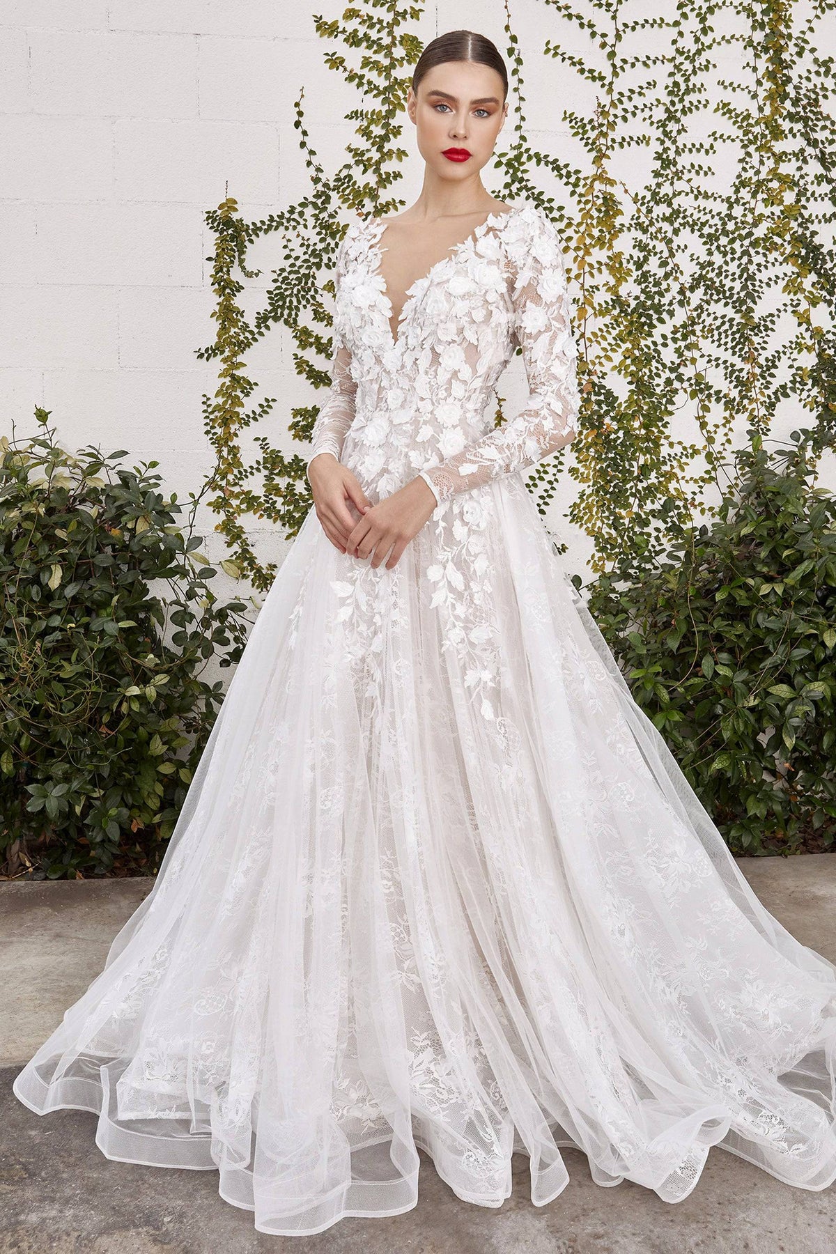 Luxe A1067 Long Sleeve Lace & Floral Wedding Dress with Flowing Train - Norma Reed - NORMA REED