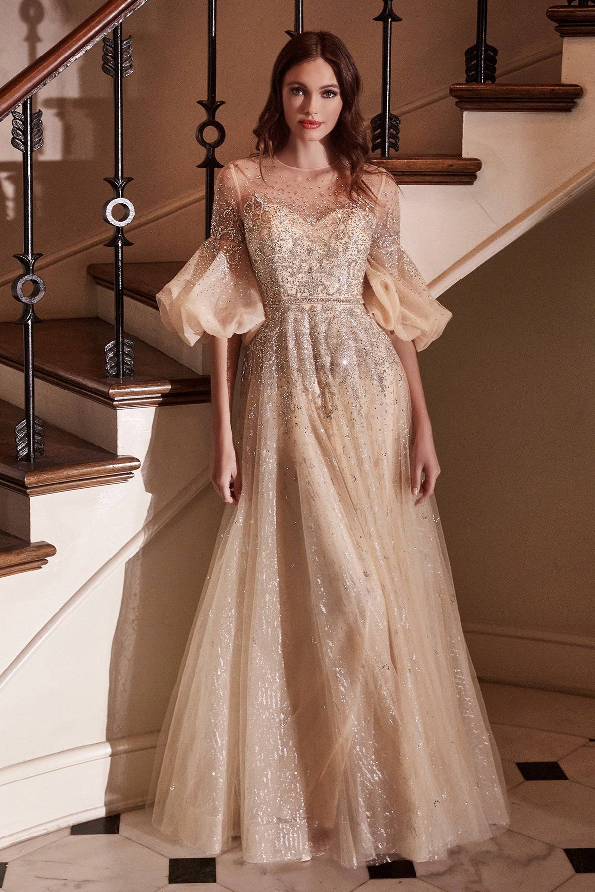 Sparkly Sheer Gown with Long Sleeves and Ombre Glitter Waistline #CDB703 - NORMA REED