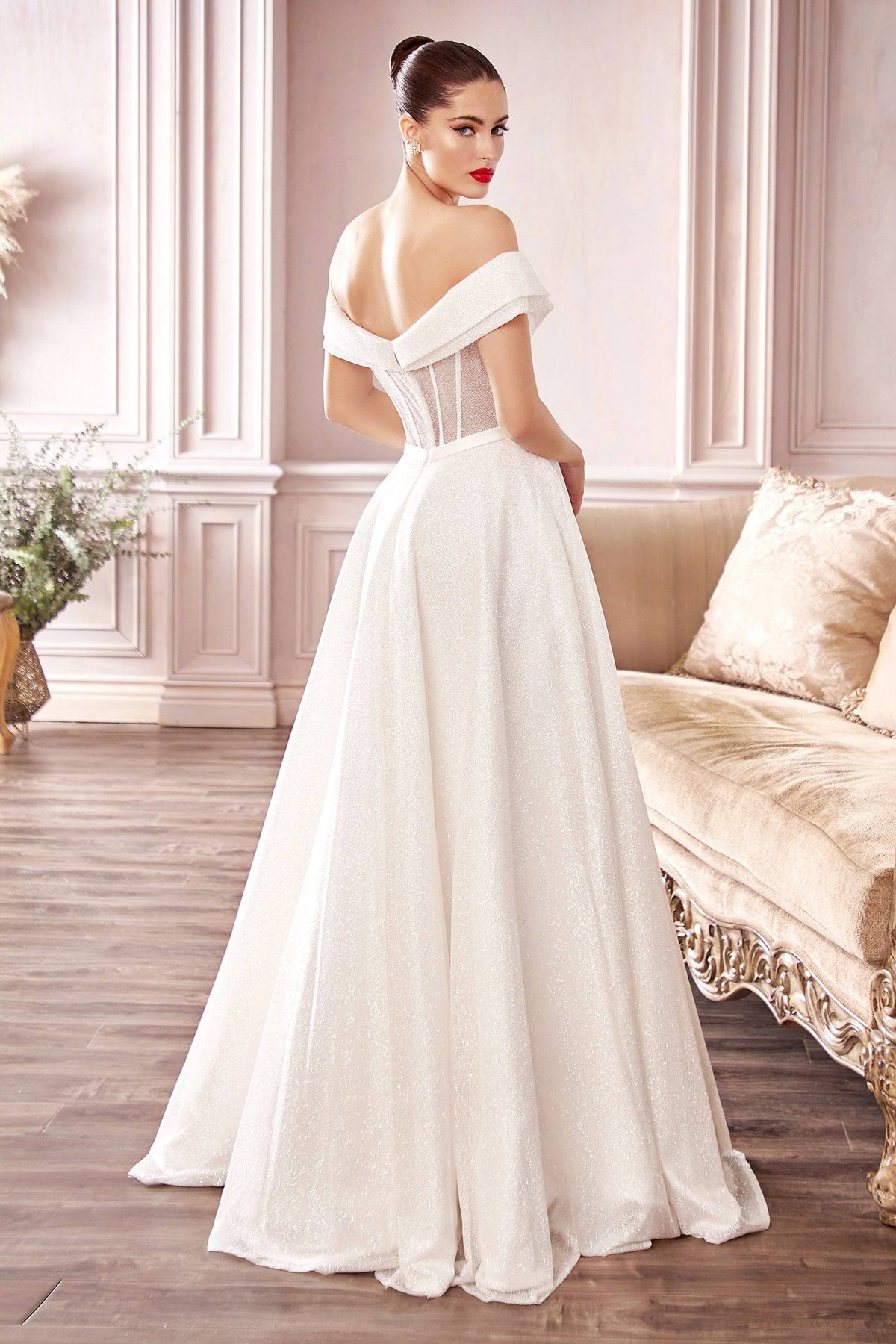 Elegant Shimmering Off Shoulder Ball Gown with Leg Slit #CDCD214W - NORMA REED