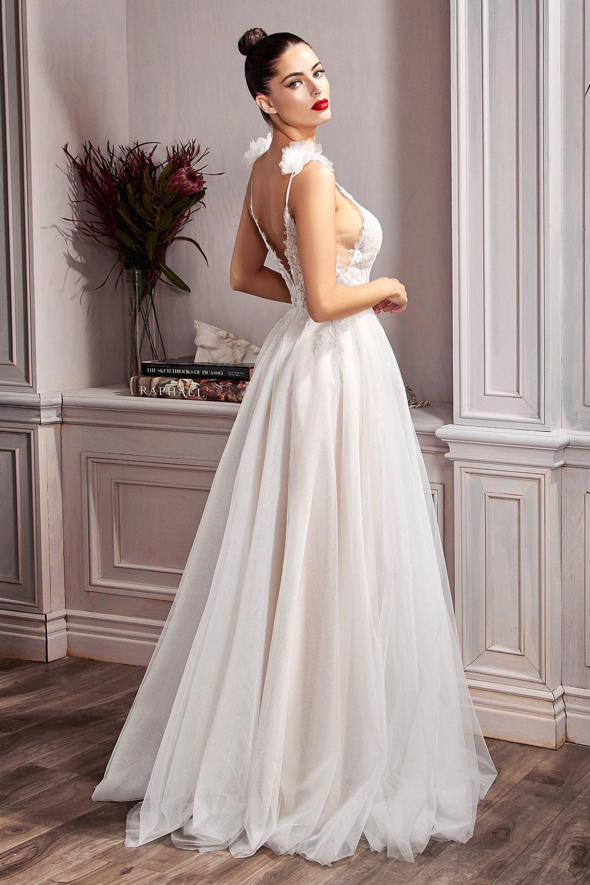 Elegant Floral Long Gown with Flower Accents on Sleeves and Embroidered Bodice #CDCD215W - NORMA REED