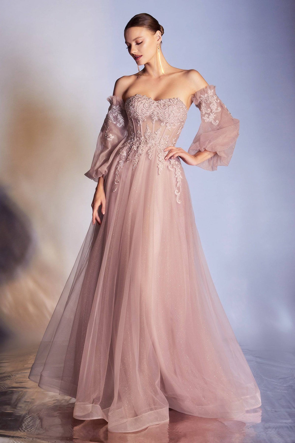 Opulent Off Shoulder Embroidered Gown with Puffy Sleeves and Long Skirt #CDCD948 - NORMA REED