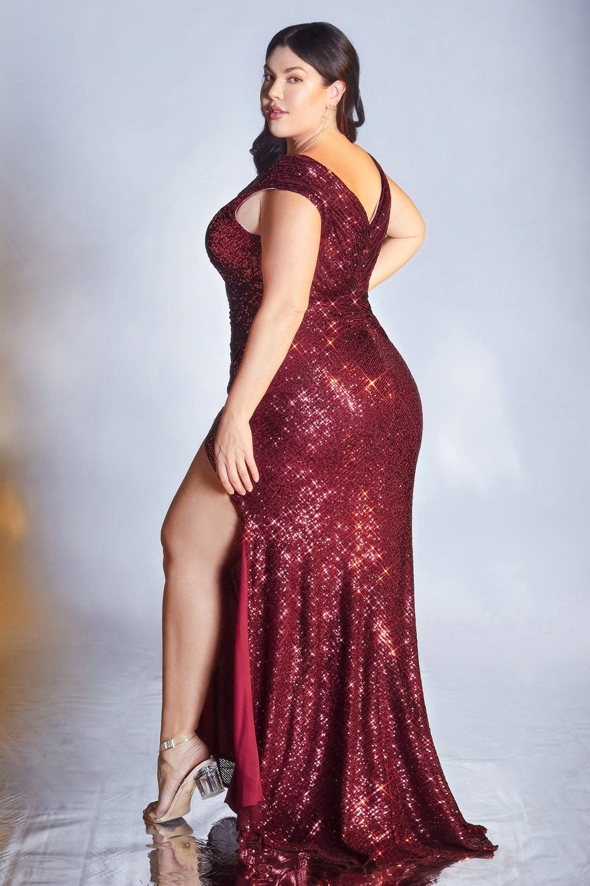 Cinderella Divine CH198 Ruched Sequin Slit Leg Dress - NORMA REED