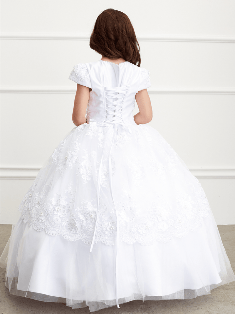 Sleeved Communion Lace Peplum Dress with Corset Back #TK1198 | Norma Reed - NORMA REED